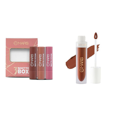 MARS Matte Box Set of 3 Lipsticks for Women (3x3.2 gm) (05-Blushed & Nudes) Matte Liquid Lip Color | Long Lasting | Non-Transfer & Waterproof Lipstick for Women (4.5 ml) (05-Chocolate Delight)